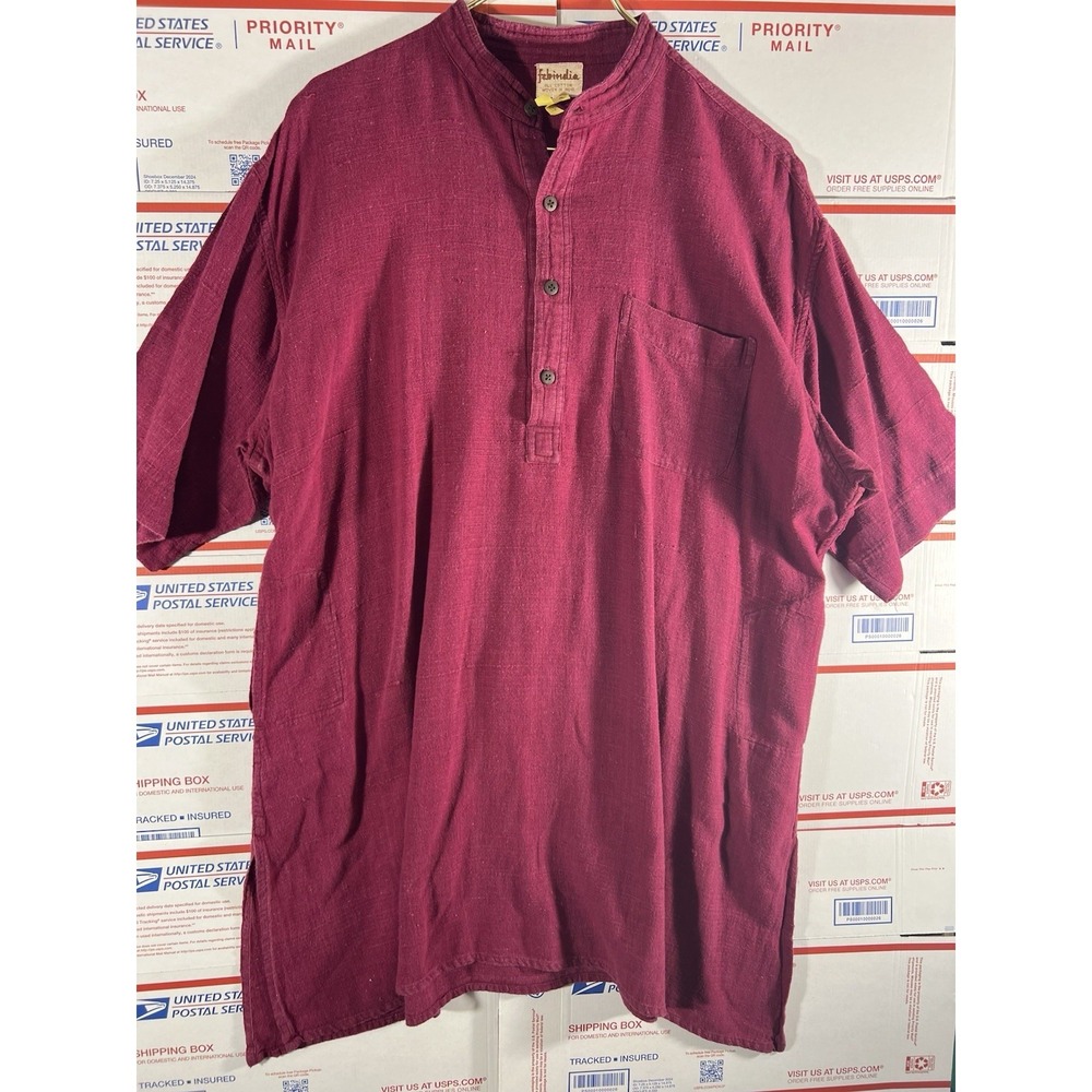 FABINDIA Shirt‎ Mens Size 46 Henley Lightweight 100% Woven Cotton Burgundy Kunta